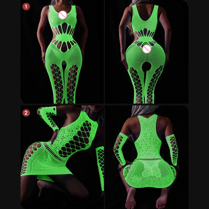 Sexy Luminous Bodysuit See Through Hollow Out Net Clothing Sexy Lingerie Mesh Sex Costumes For Mesh Dress Underwear