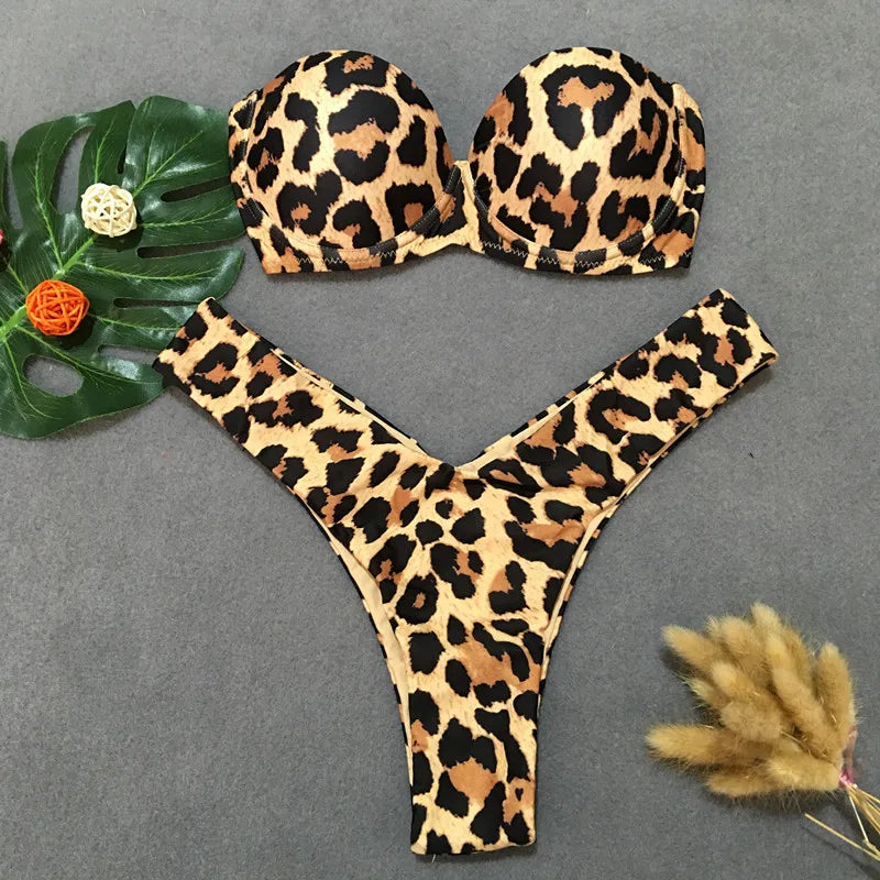 Strapless Bikini Set 2024 Women Swimsuit Two Pieces Sexy Leopard Biquini Push Up Bandeau Lady Swimwear Summer Bathing Suits