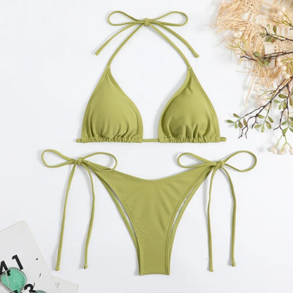 Sexy Women Thong Solid Color Bikini Set Side Halter Tie Swimsuit Ladies Split Strap Adjustable  Brazilian Swimwear Beachwear