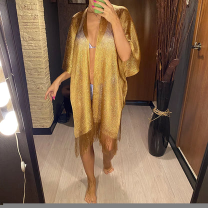 Tassel Gold Bikini Cover Up Sexy Beach Dress Tunics for Women Beachwear 2024 Summer cover-ups kaftan Evening Dress Shawls