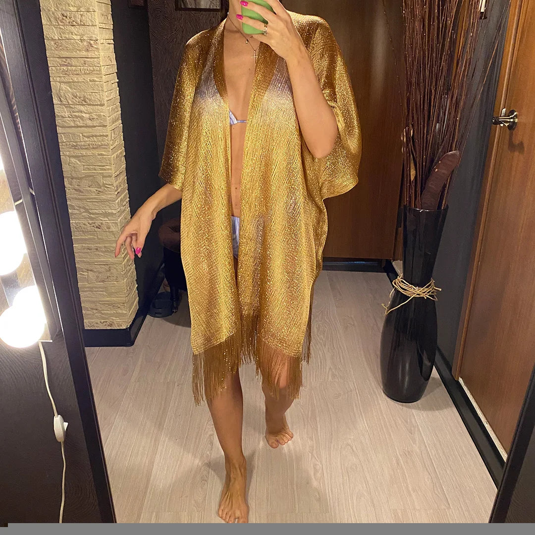 Tassel Gold Bikini Cover Up Sexy Beach Dress Tunics for Women Beachwear 2024 Summer cover-ups kaftan Evening Dress Shawls