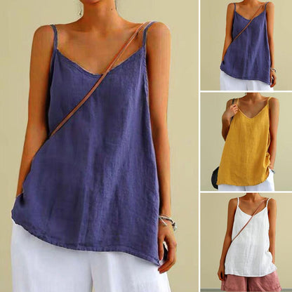 Women's Summer Top Cotton Linen Spaghetti Strap Top V-neck Sleeveless Loose Women Vest Sexy Sling Blouse Top Female Clothing