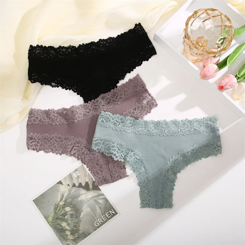 5PCS Women Cotton Brazilian Panties Lace Sexy Girls Underwear Low Waist Solid Color Briefs Female Breathable G-String Lingerie