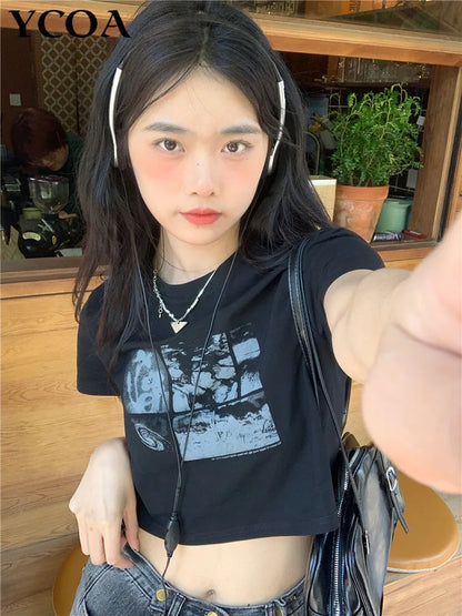 T-Shirts Women Crop Tops Y2k Summer Cotton Streetwear Grunge Graphic Harajuku Korean Fashion Short Sleeve Sexy Gothic Clothing