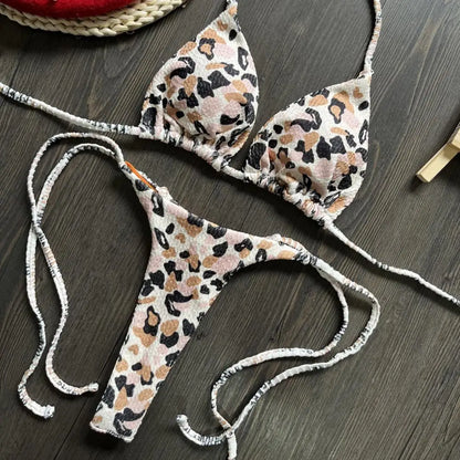 Lace-up Bikini Leopard Print Halter Bikini Set Cherry Print Thong Swimsuit Sexy High Waist Lace-up Bathing Suit for Women