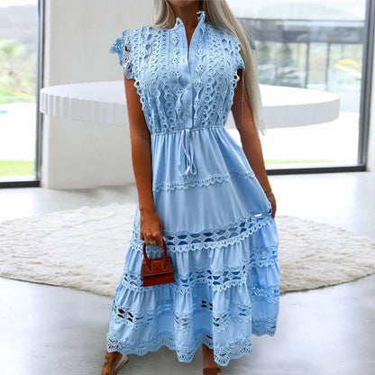 Women Party Dress Sleeveless Lace Stitching Hollow Out Temperament Dress Up Double Layers Tight Waist Prom Dress Female Clothing