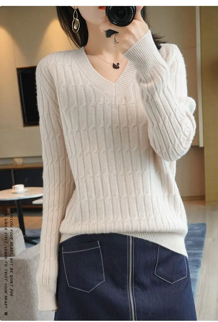 Autumn Winter Temperament Female Solid Color Knitted Tops 2023 Fashion V-Neck All-match Long Sleeve Sweaters Women's Clothing