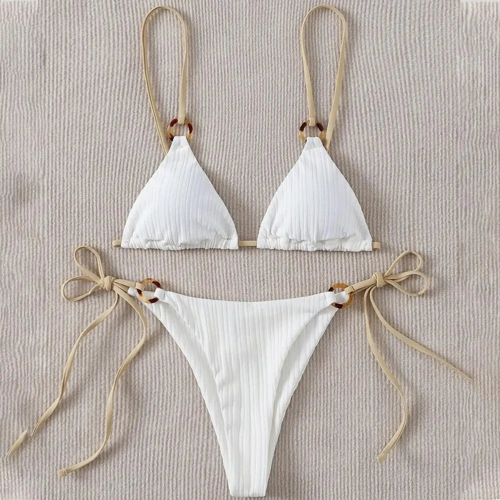 2 Pcs/Set Summer Bikini Set Solid Color Spaghetti Strap Hoop Classic Women Swimsuit for Water Sports