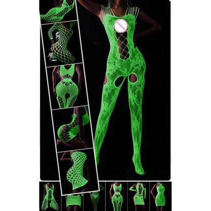 Sexy Luminous Bodysuit See Through Hollow Out Net Clothing Sexy Lingerie Mesh Sex Costumes For Mesh Dress Underwear