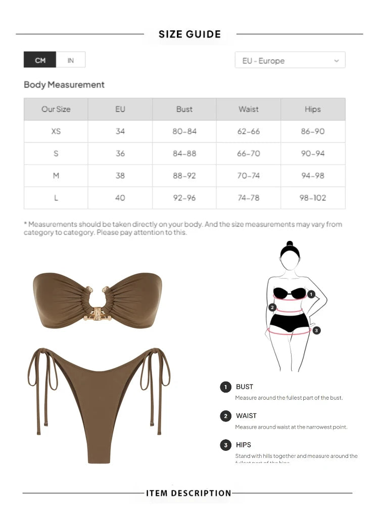 Solid O Ring 2024 New Swimsuit For Women Tie Side Shiny Metal Hardware Ring Bandeau Bikini Swimwear Padded Bra Top Low Waisted