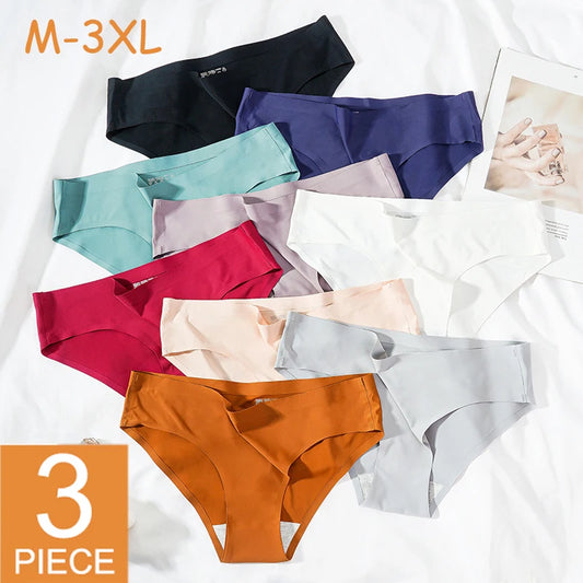 3Pcs/Set Solid Women's Panties Sexy Seamless Underwear Breathable Ice Silk Briefs Low Waist Underpants Plus Size 3XL Lingerie