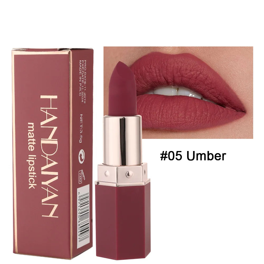 Handaiyan 6 Colors Matte Waterproof Velvet Nude Lipstick Sexy Red Brown Pigments Makeup Long Lasting Profissional