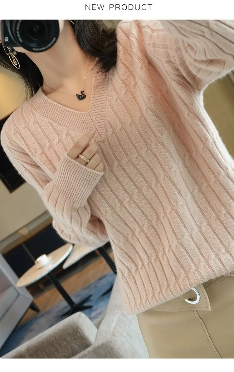 Autumn Winter Temperament Female Solid Color Knitted Tops 2023 Fashion V-Neck All-match Long Sleeve Sweaters Women's Clothing