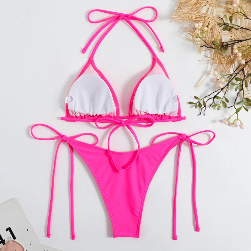 Sexy Women Thong Solid Color Bikini Set Side Halter Tie Swimsuit Ladies Split Strap Adjustable  Brazilian Swimwear Beachwear