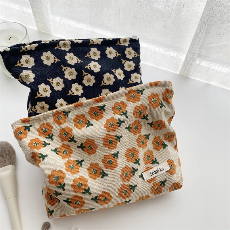 Corduroy Embroidery Cosmetic Bag Clutch Bag Large Makeup Organizer Bags Korean Cosmetic Pouch Women Cute Toiletry Beauty Case