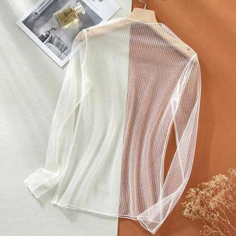 Sexy Black Mesh Transparent Tops For Women Long Sleeve Tulles See Through T Shirt Summer Blouses Female Fishnet Tees Clothing