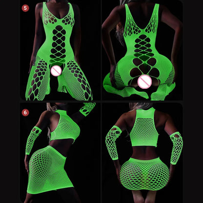 Sexy Luminous Bodysuit See Through Hollow Out Net Clothing Sexy Lingerie Mesh Sex Costumes For Mesh Dress Underwear