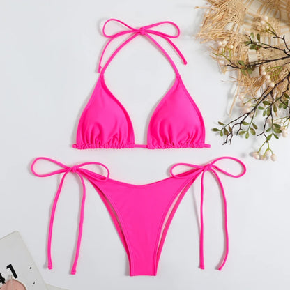 Sexy Women Thong Solid Color Bikini Set Side Halter Tie Swimsuit Ladies Split Strap Adjustable  Brazilian Swimwear Beachwear