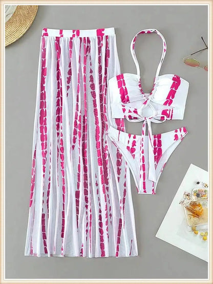 3 Pieces Tie Dye Cross Bikini 2023 Women Sexy Halter Swimsuit & Cover Up Pants Swimwear Bathers Bathing Swimming Suit Beachwear