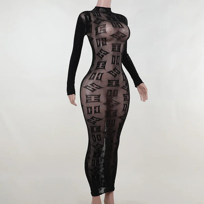 Sexy See Through Bodycon Women Dress Long Sleeve Letter Printed Spring Clothing Night Club Party Knitted Female Dress Vestidos