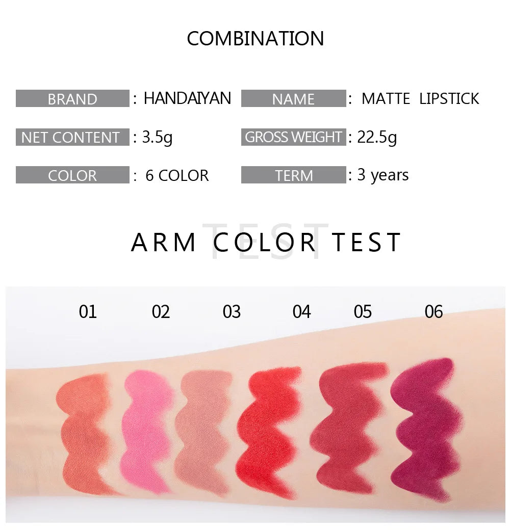 Handaiyan 6 Colors Matte Waterproof Velvet Nude Lipstick Sexy Red Brown Pigments Makeup Long Lasting Profissional