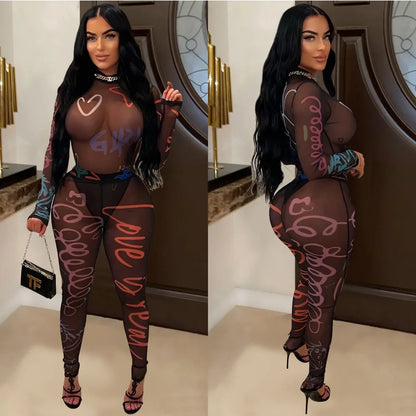 HLJ Sexy Mesh Perspective Graffiti Print Bodycon Jumpsuits Women O Neck Long Sleeve Slim Playsuit Fashion Holiday Party Clothing