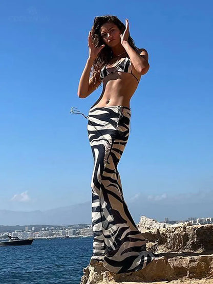 Sexy Zebra Stripes 3 Pieces Bikini Set 2024 Summer Beach Wear Triangle Bikinis Swimsuit With Skirt Swimwear Cover-up A1554