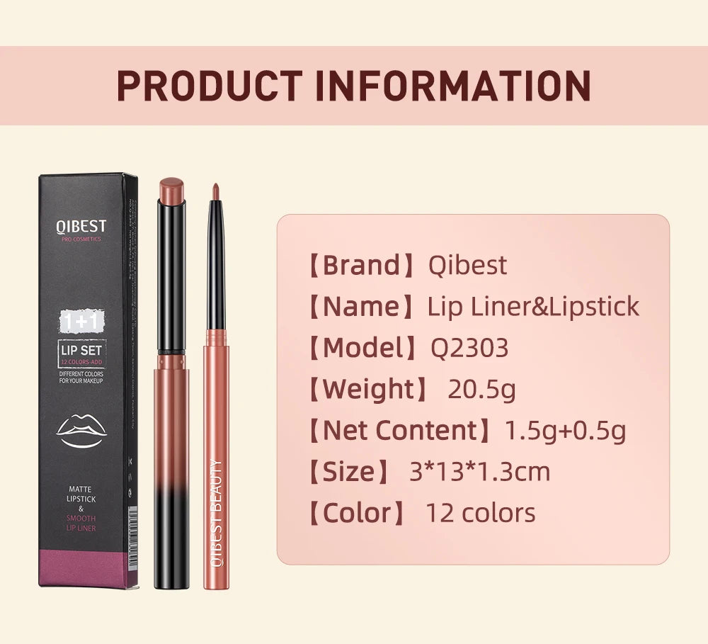 QIBEST 2pcs Lipstick Lipliner Pen Set Matte Velvet Lip Liner Pencil Contour Makeup Sexy Red Lip Stick Long Lasting Cosmetics