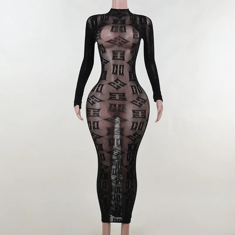 Sexy See Through Bodycon Women Dress Long Sleeve Letter Printed Spring Clothing Night Club Party Knitted Female Dress Vestidos