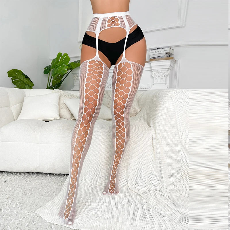 Rhinestone Body Stockings One-piece Crotchless Underwear Sex Costumes Sheer Open Hip Tights Exotic Long Socks Harness Garter