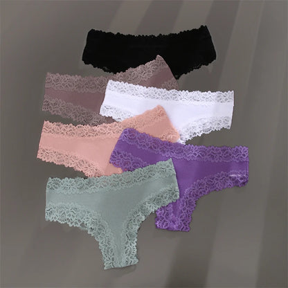 5PCS Women Cotton Brazilian Panties Lace Sexy Girls Underwear Low Waist Solid Color Briefs Female Breathable G-String Lingerie