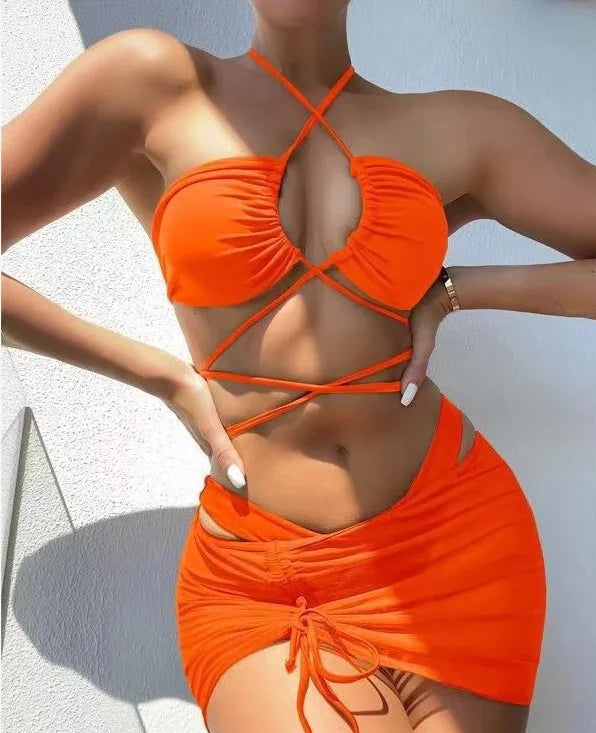 2023 New 3 Pieces Set Swimsuit Women High Waist Swimwear Sexy Lace Up Micro Bikini Set With Skirt Solid Beachwear Bathing Suit