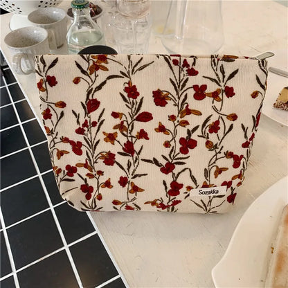 Corduroy Embroidery Cosmetic Bag Clutch Bag Large Makeup Organizer Bags Korean Cosmetic Pouch Women Cute Toiletry Beauty Case