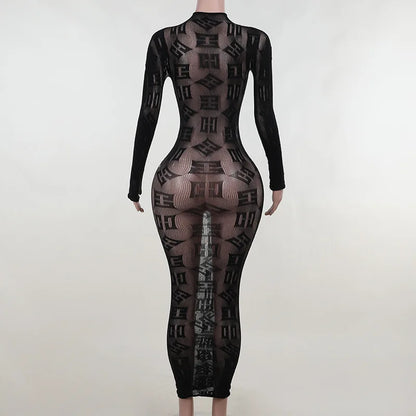 Sexy See Through Bodycon Women Dress Long Sleeve Letter Printed Spring Clothing Night Club Party Knitted Female Dress Vestidos