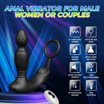 HESEKS Male Thrusting Prostate Massager Remote Control Anal Plug Dildo Butt Plug Telescopic Vibrator Cock Ring Sex Toys for Men