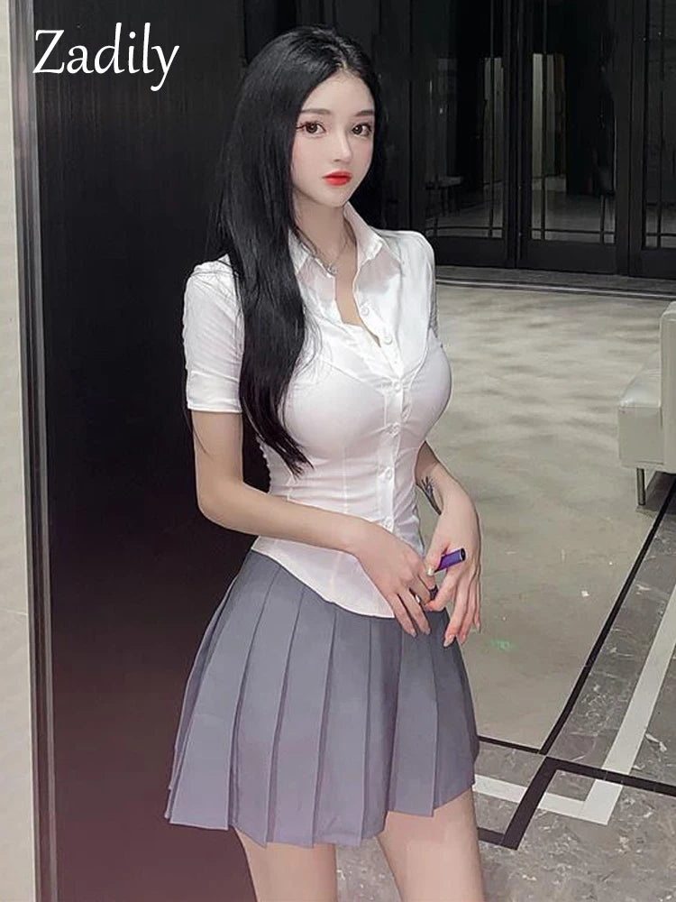 Zadily 2023 Summer Korean Style Short Sleeve Slim White Shirt Women Sexy Office Waist Tight Ladies Blouse New In Clothing Tops