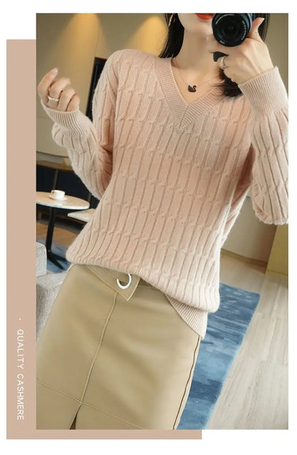 Autumn Winter Temperament Female Solid Color Knitted Tops 2023 Fashion V-Neck All-match Long Sleeve Sweaters Women's Clothing