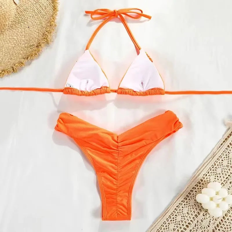 2024 Sexy Micro Bikinis Women Halter Brazilian Bikini Set Female Pleated Swimsuit New Triangle Swimwear Beach Wear Bathing Suit