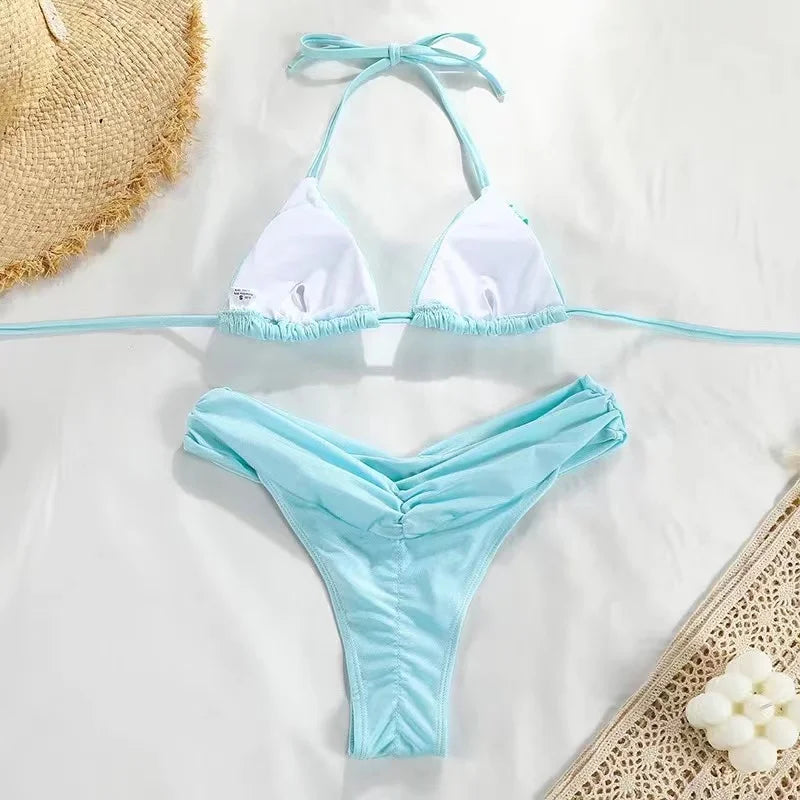 2024 Sexy Micro Bikinis Women Halter Brazilian Bikini Set Female Pleated Swimsuit New Triangle Swimwear Beach Wear Bathing Suit