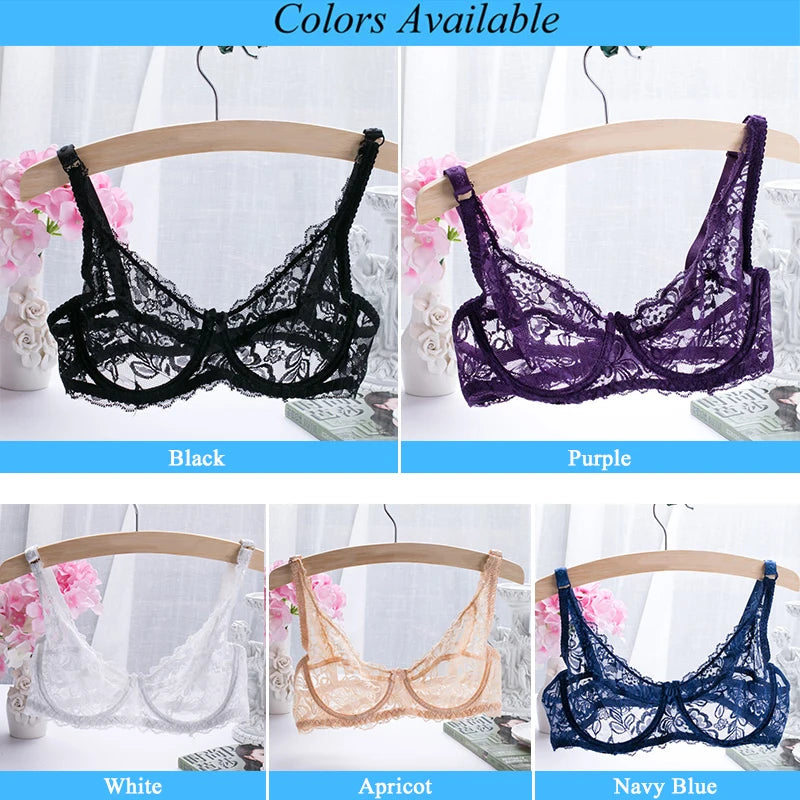 Women’s Sexy Lace Bra Mesh Transparent Lingerie Strap Breathable Underwire Top Solid Elasticity Bottom Wear Erotic Underwear