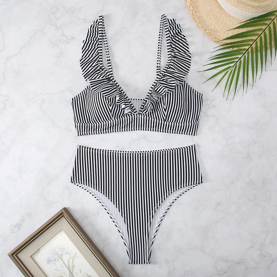 Sexy Striped Ruffle Bikini Swimsuit Women 2024 Two-piece Swimwear High Waisted Bikinis Sets Female Bathing Suit Push Up Monokini