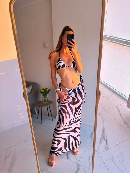 Sexy Zebra Stripes 3 Pieces Bikini Set 2024 Summer Beach Wear Triangle Bikinis Swimsuit With Skirt Swimwear Cover-up A1554