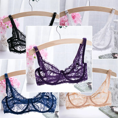 Women’s Sexy Lace Bra Mesh Transparent Lingerie Strap Breathable Underwire Top Solid Elasticity Bottom Wear Erotic Underwear