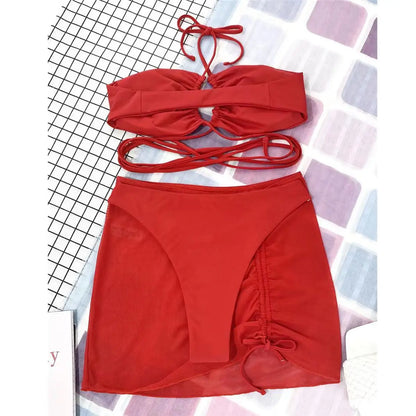 2023 New 3 Pieces Set Swimsuit Women High Waist Swimwear Sexy Lace Up Micro Bikini Set With Skirt Solid Beachwear Bathing Suit