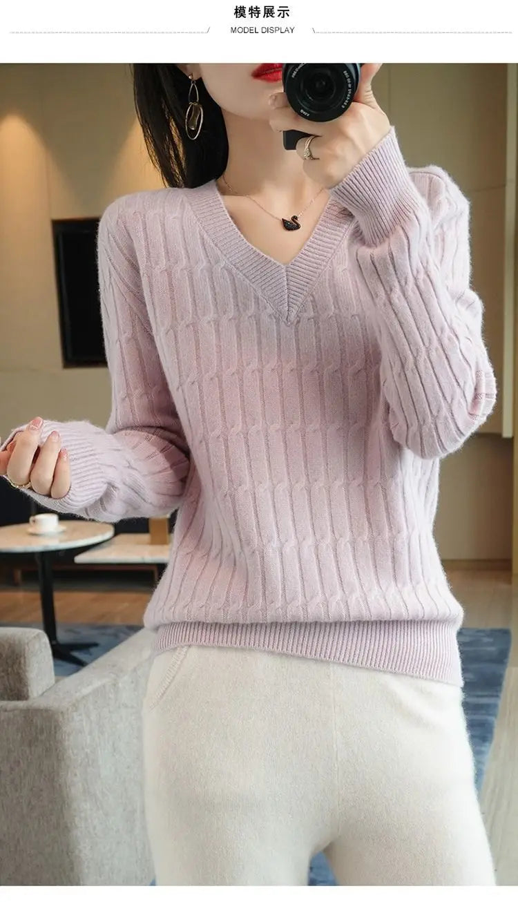 Autumn Winter Temperament Female Solid Color Knitted Tops 2023 Fashion V-Neck All-match Long Sleeve Sweaters Women's Clothing