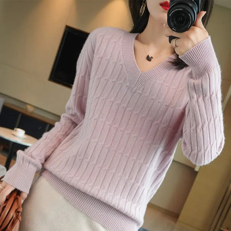 Autumn Winter Temperament Female Solid Color Knitted Tops 2023 Fashion V-Neck All-match Long Sleeve Sweaters Women's Clothing